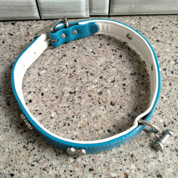 Blue White & Chrome Leather Dog Collar 24" MEDIUM - Picture 5 of 6